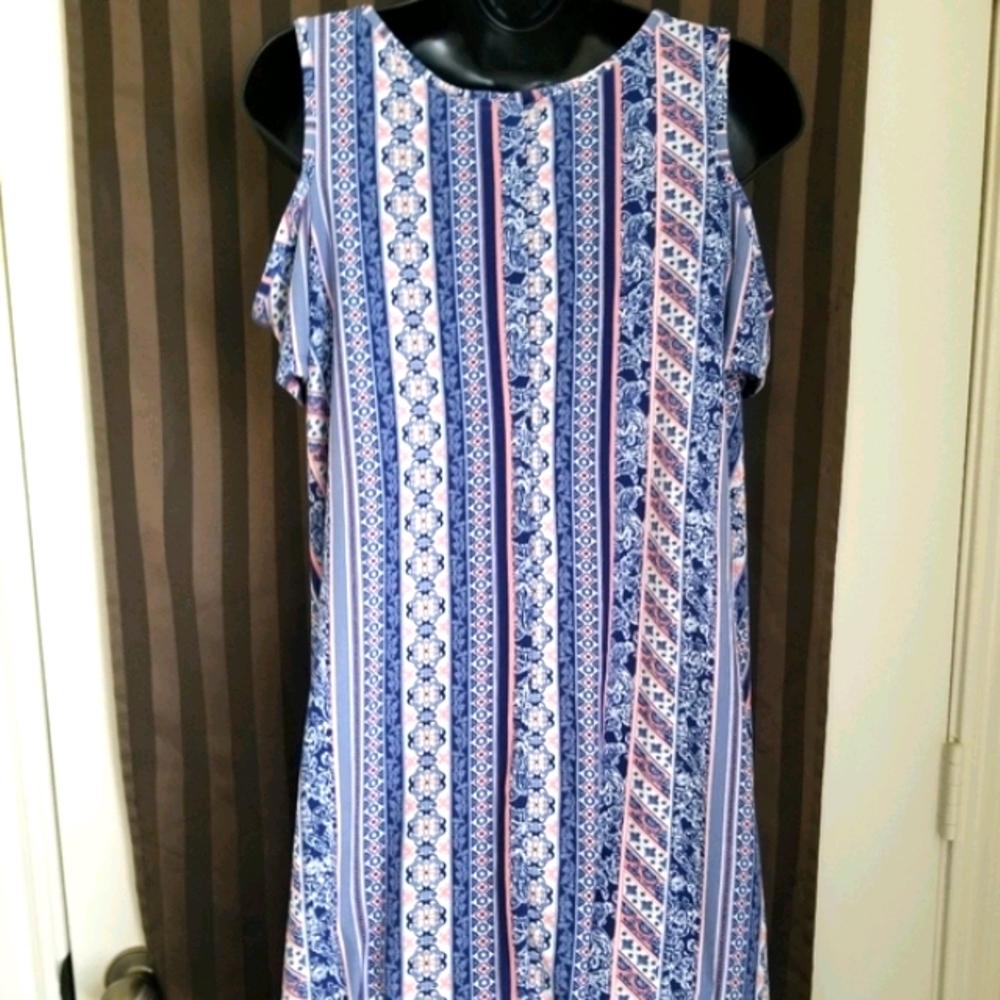 Blue Pink and White Mutli-Patterend Dress